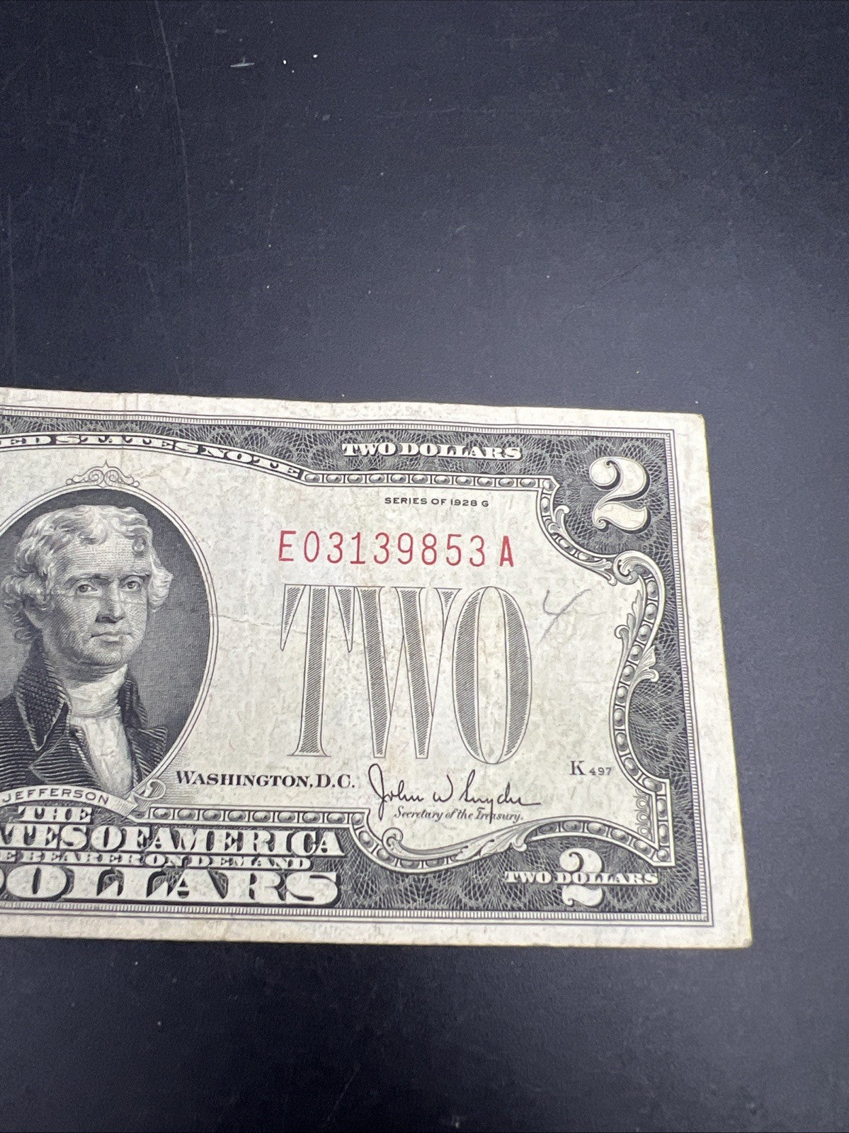 1928 G $2 United States Currency Legal Tender Note Very Good / Fine #853