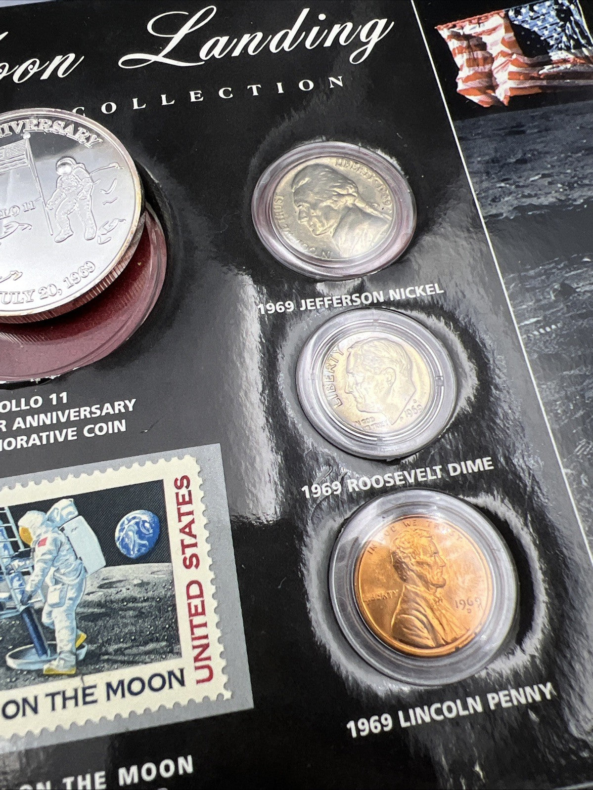 Apollo 11 Moon Landing 1 oz Silver Coin in Display Set w Accompanying 1969 Coins