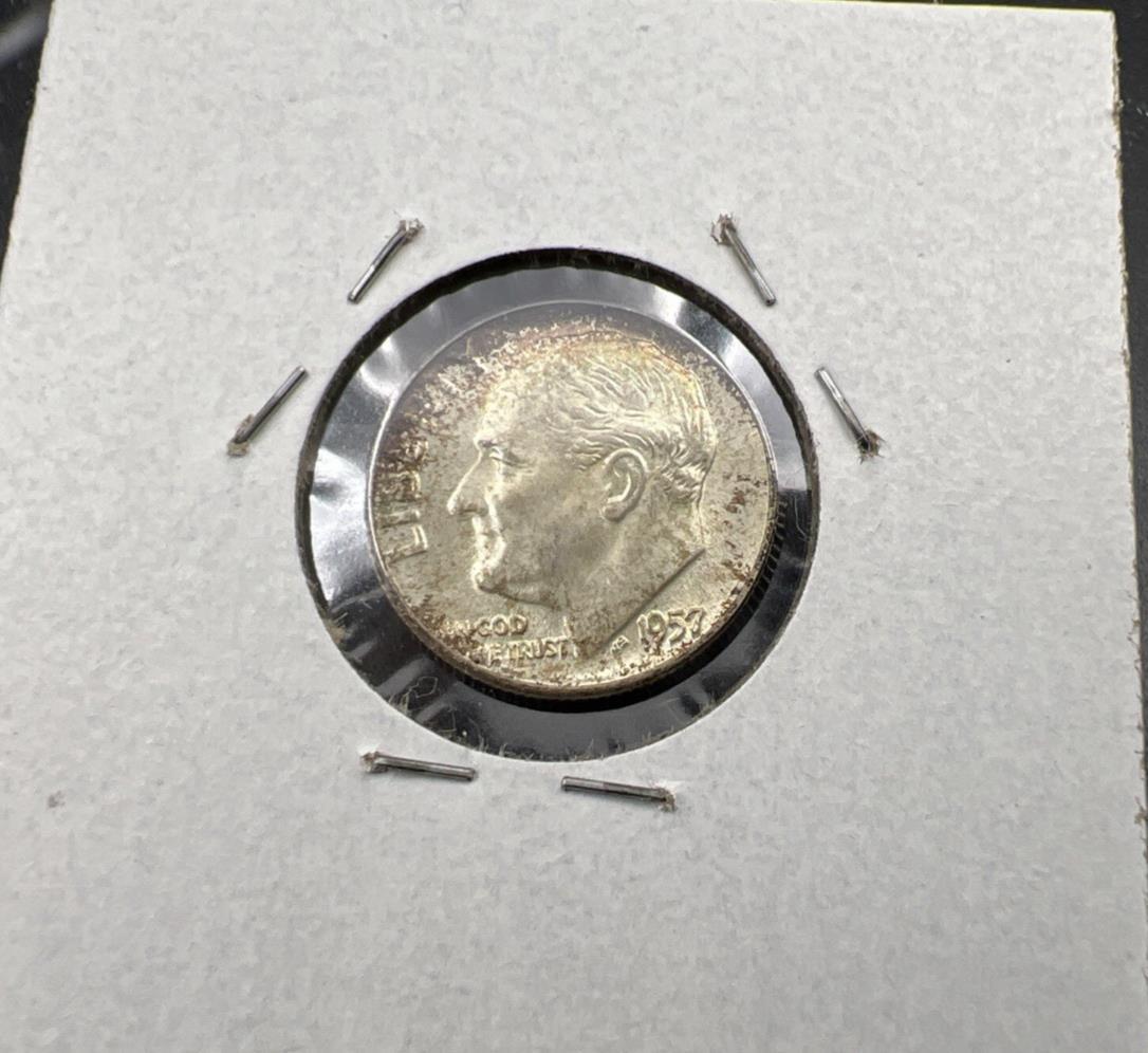 1957 P 10c Roosevelt Silver Dime Coin Choice BU UNC Nice Toning Toner