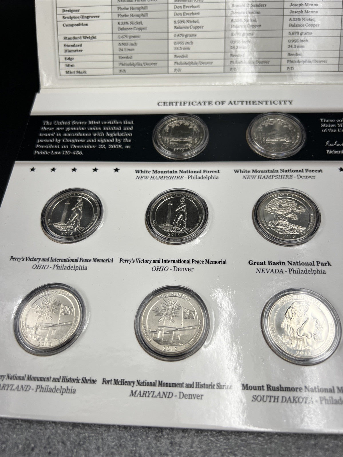 2013 P & D US Mint America the Beautiful Uncirculated 10 Coin ATB Quarter Set