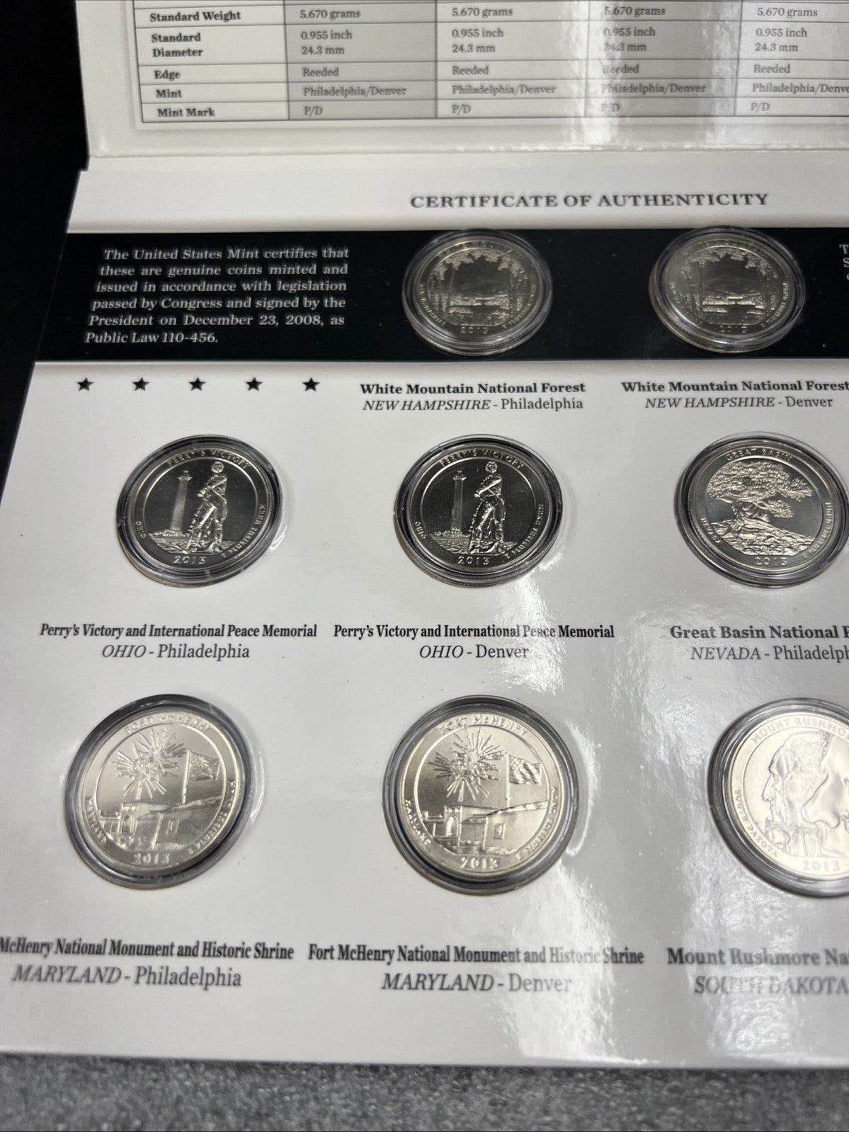 2013 P & D US Mint America the Beautiful Uncirculated 10 Coin ATB Quarter Set