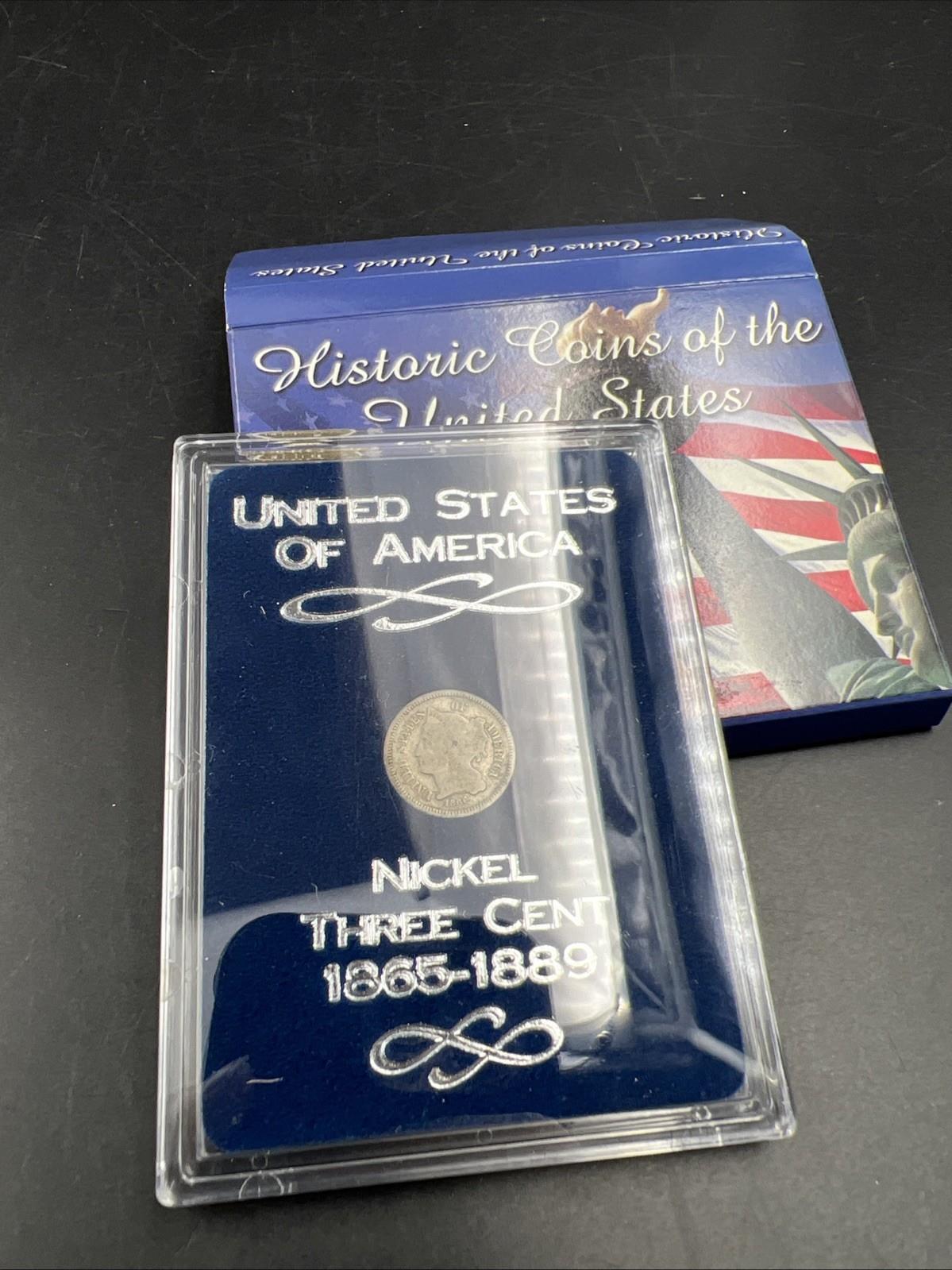 1865 3c Three Cent Nickel Coin CH VG Very Good / Fine in USA Flag Display Card