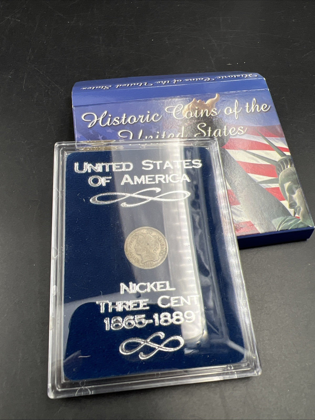 1865 3c Three Cent Nickel Coin CH VG Very Good / Fine in USA Flag Display Card