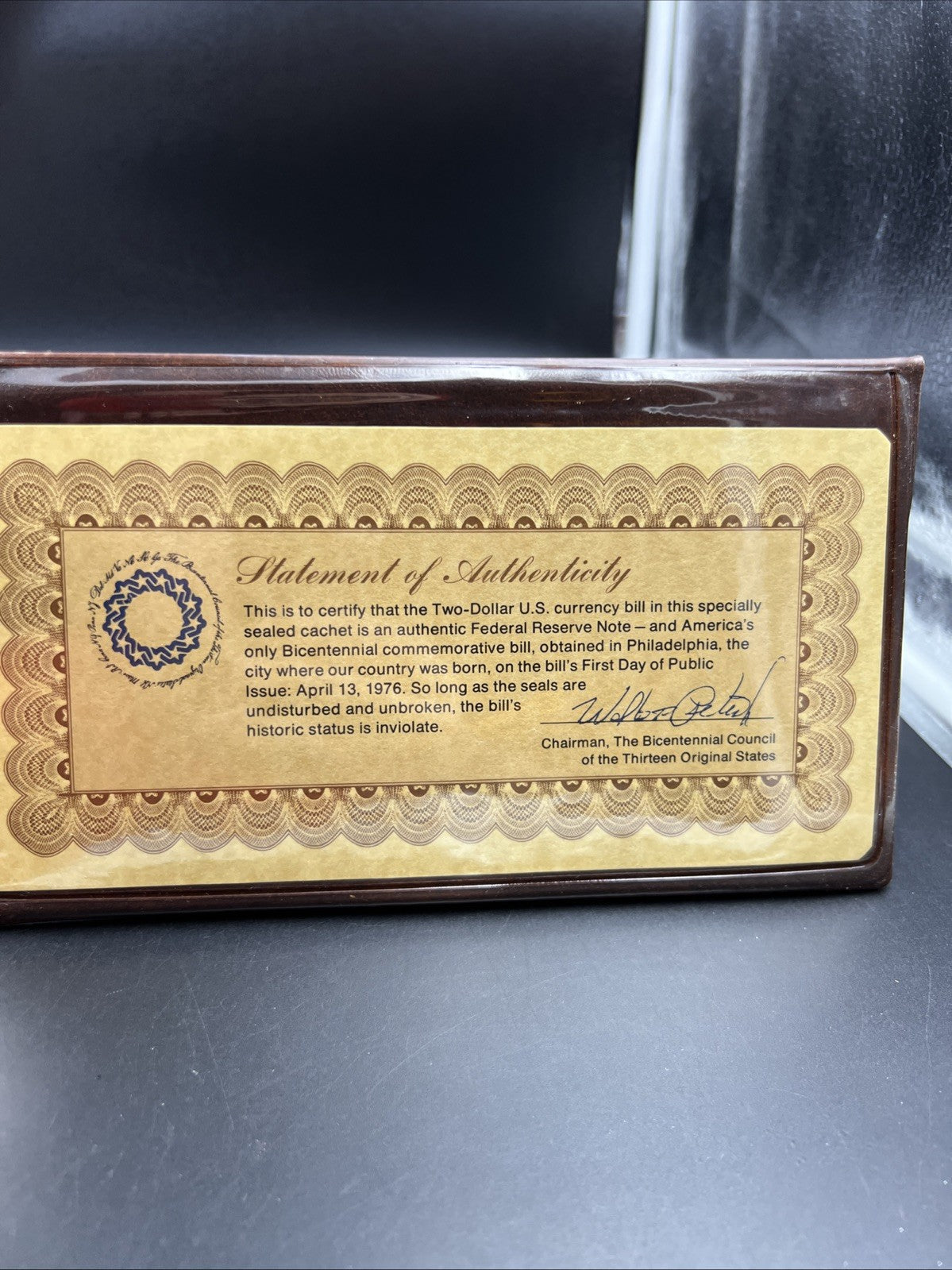 FDOI 1976 $2 FRN Federal Reserve Bicentennial Note April 13th leather display #7