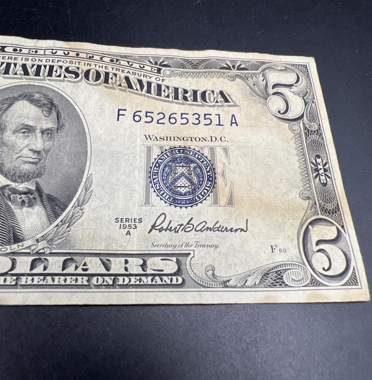 1953 A $5 Five Dollar Silver Certificate Blue Seal Bill VF Details Stain #51
