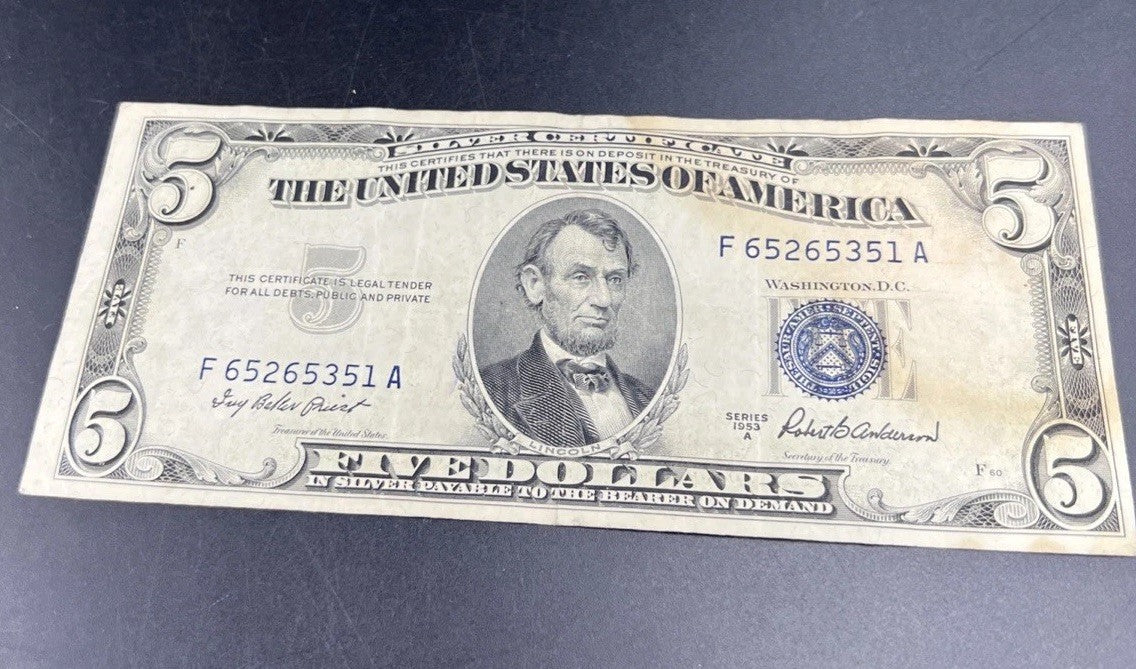 1953 A $5 Five Dollar Silver Certificate Blue Seal Bill VF Details Stain #51