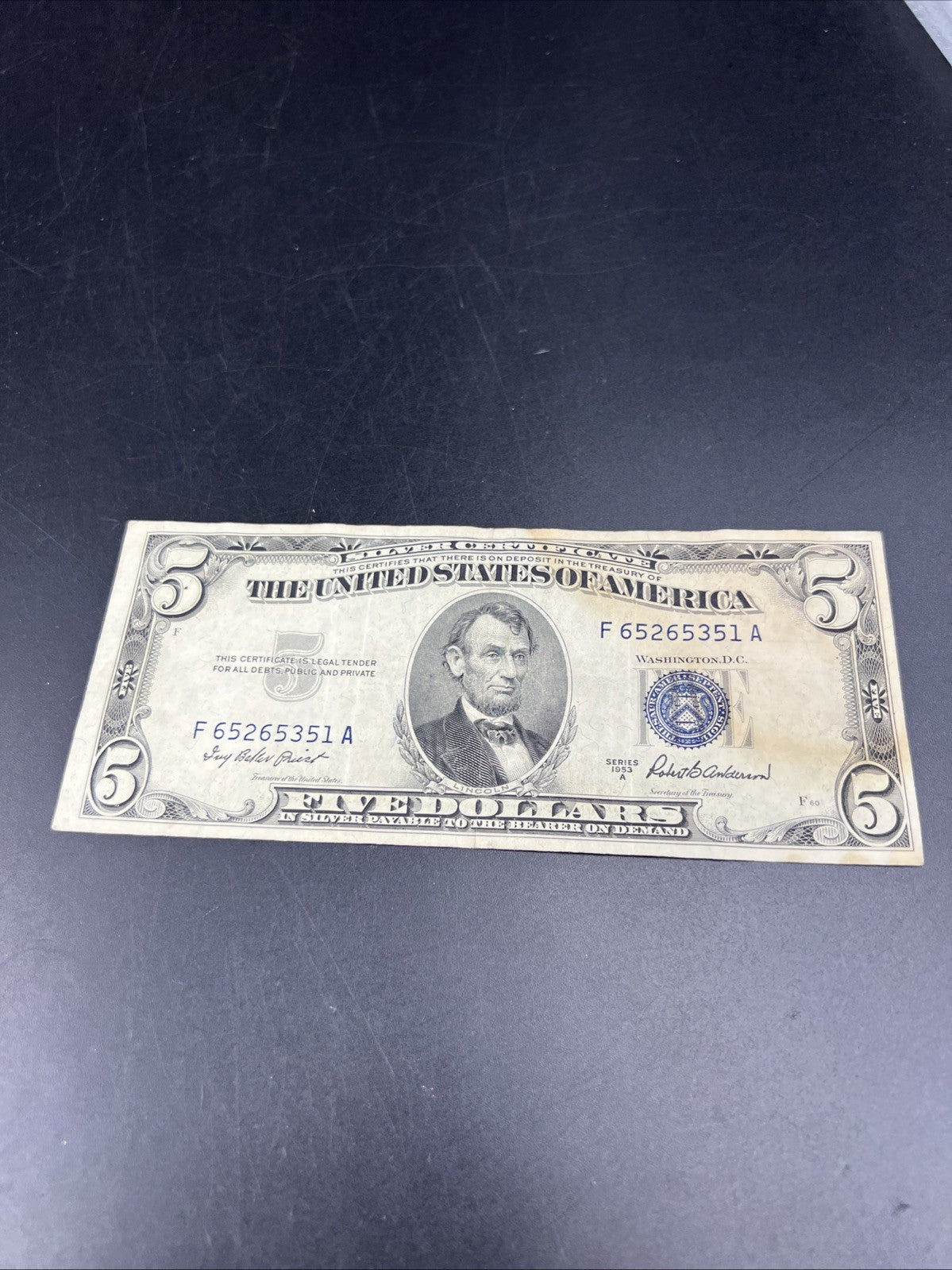 1953 A $5 Five Dollar Silver Certificate Blue Seal Bill VF Details Stain #51