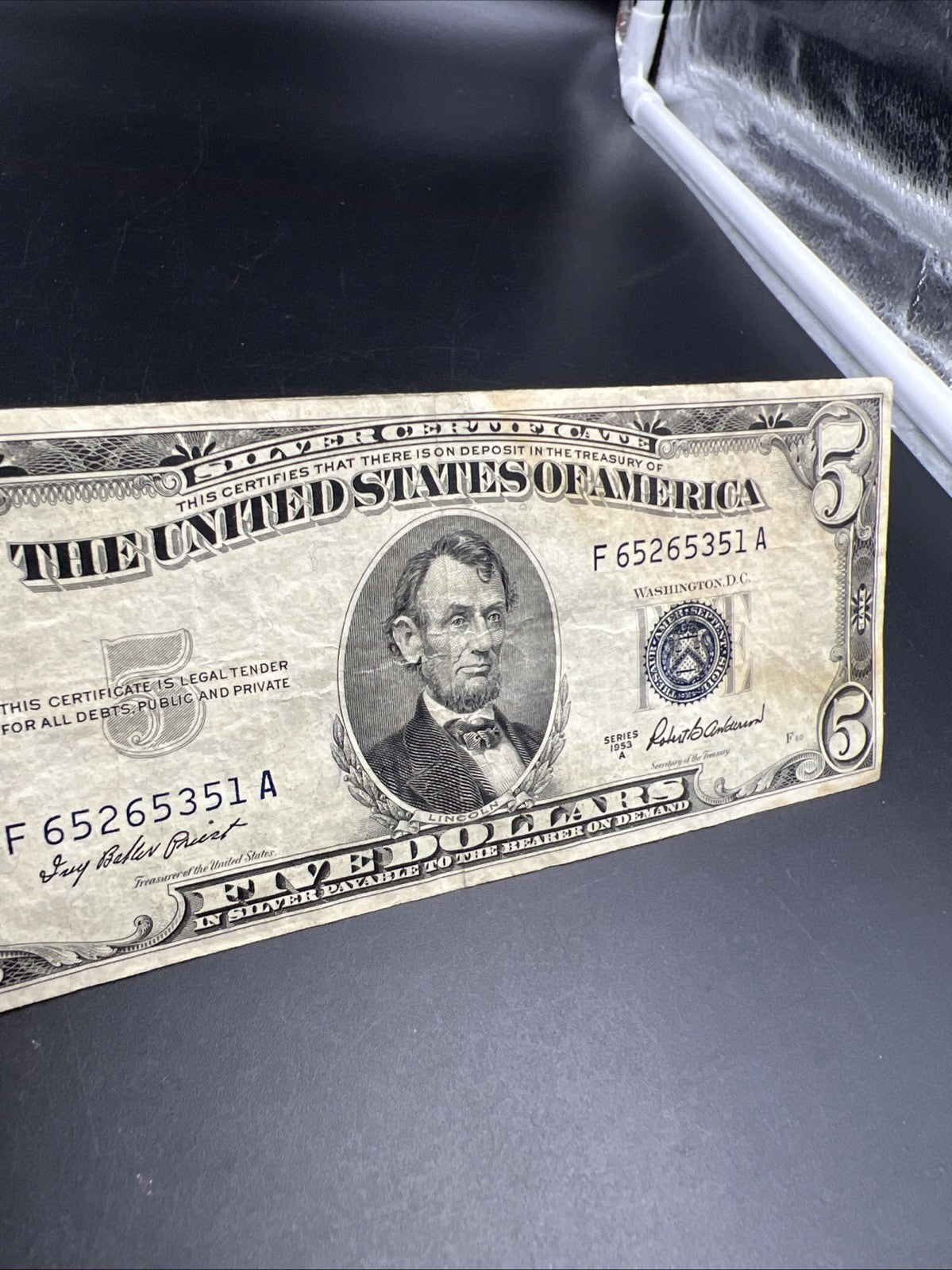 1953 A $5 Five Dollar Silver Certificate Blue Seal Bill VF Details Stain #51