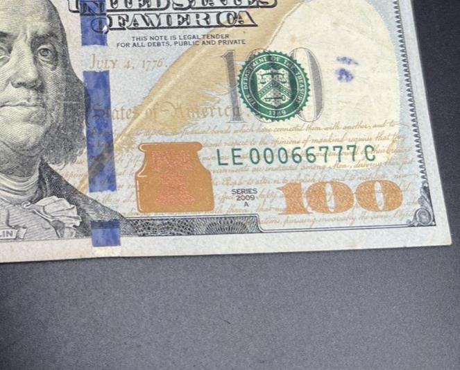 2009 A $100 One Hundred Dollar FRN Federal Reserve Note Repeat Serial # 00066777