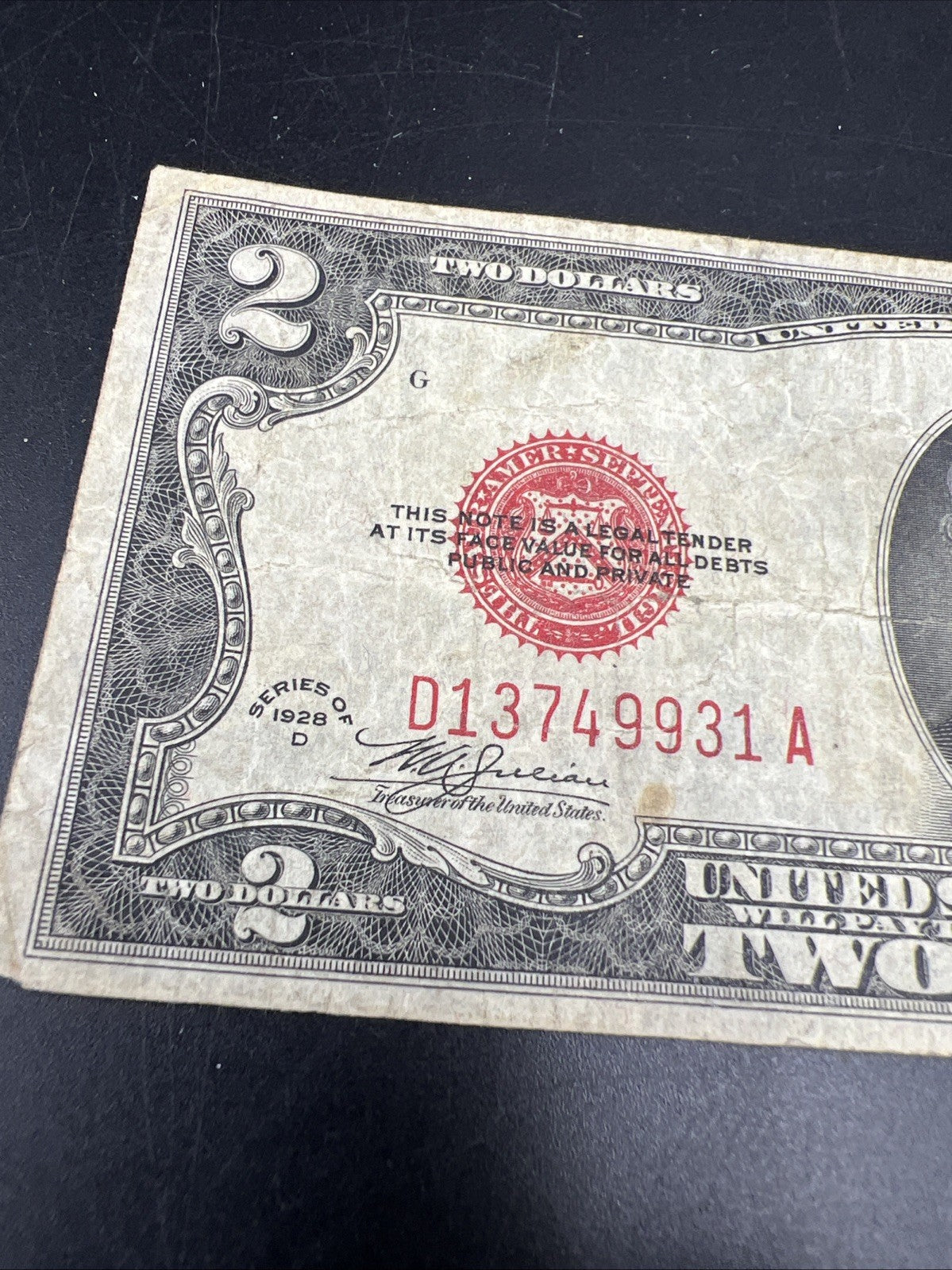 1928 D $2 USN United States Note Red Seal Legal Tender CH VG / Fine #931