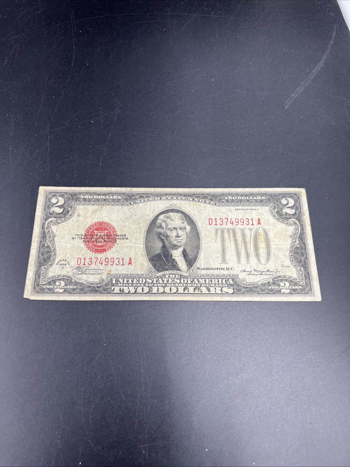 1928 D $2 USN United States Note Red Seal Legal Tender CH VG / Fine #931
