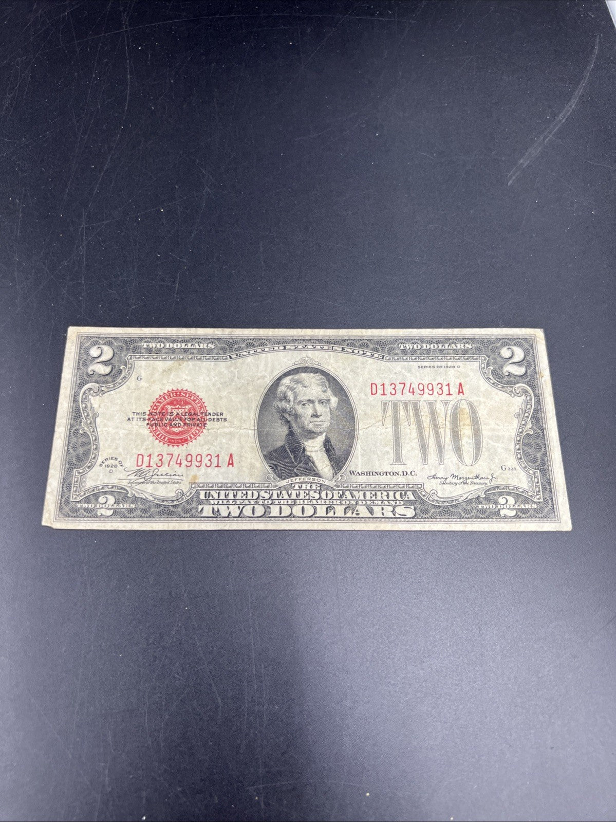 1928 D $2 USN United States Note Red Seal Legal Tender CH VG / Fine #931
