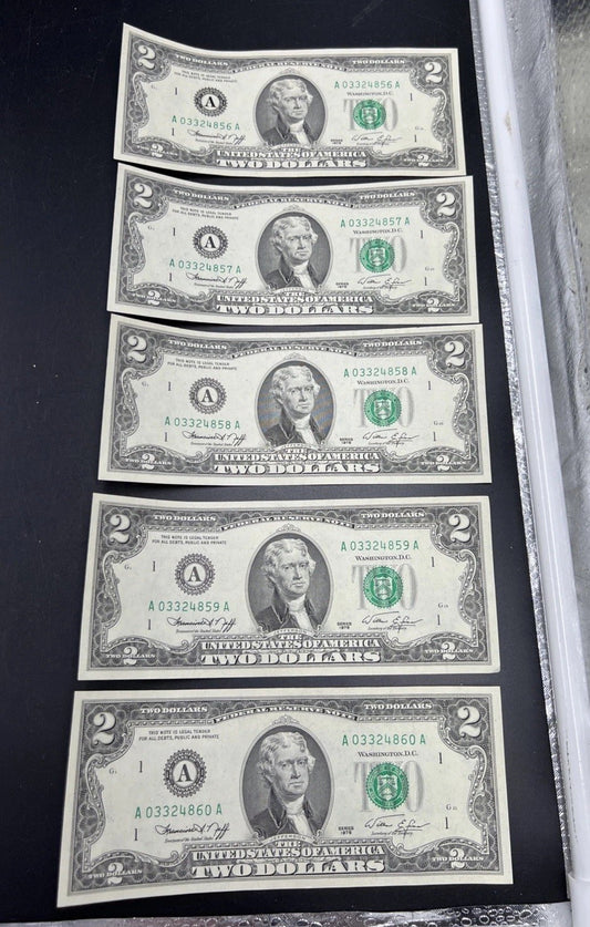 5 Consecutive 1976 $2 Two Dollar FRN Federal Reserve Notes District A UNC #860
