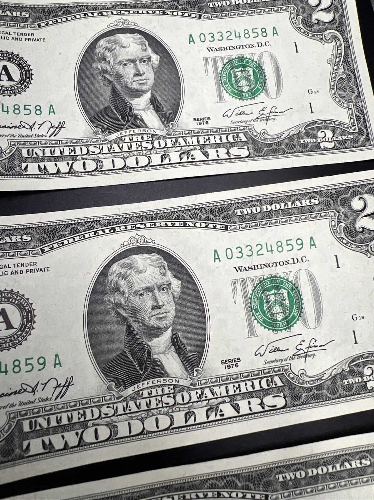 5 Consecutive 1976 $2 Two Dollar FRN Federal Reserve Notes District A UNC #860