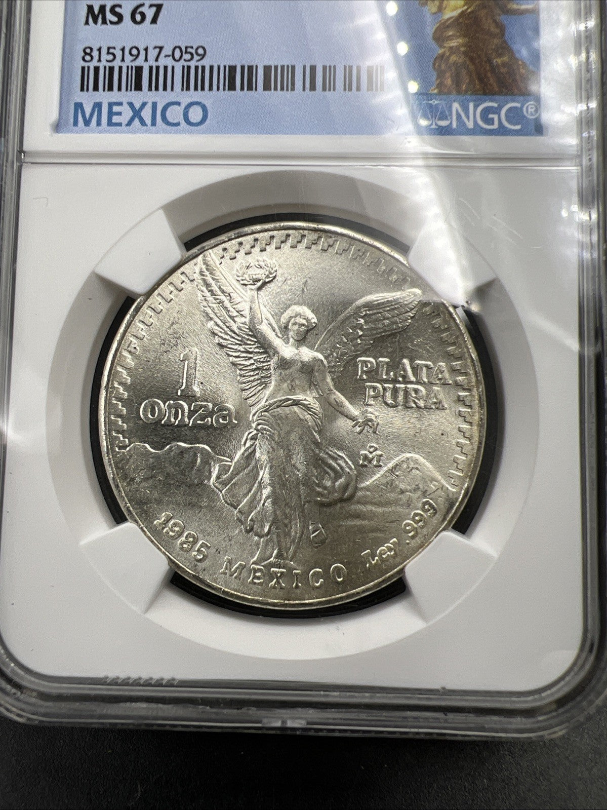 1985 Mo Mexico 1 Oz Silver Libertad Coin Gem BU Certified NGC MS67 Statue Holder