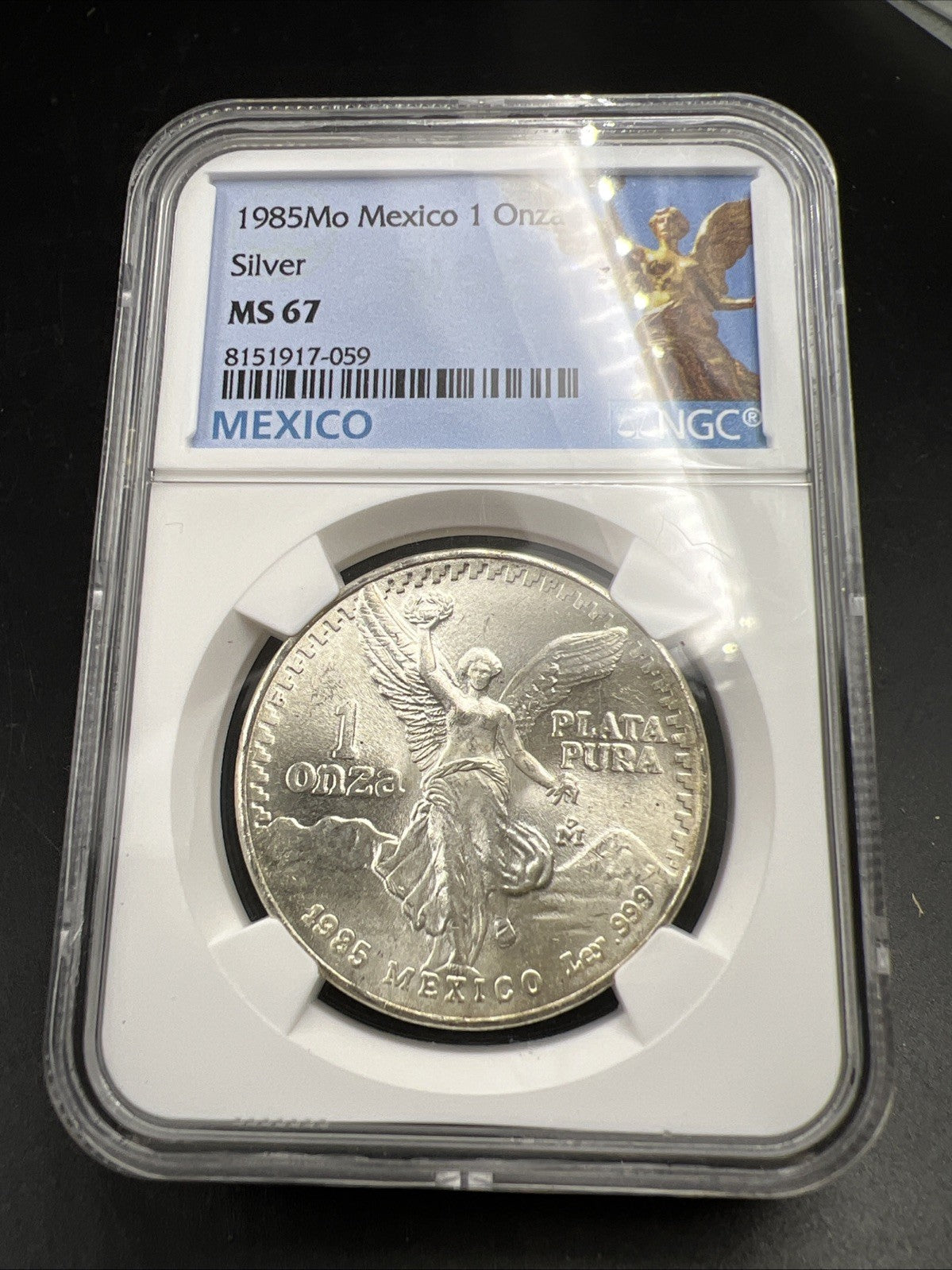 1985 Mo Mexico 1 Oz Silver Libertad Coin Gem BU Certified NGC MS67 Statue Holder