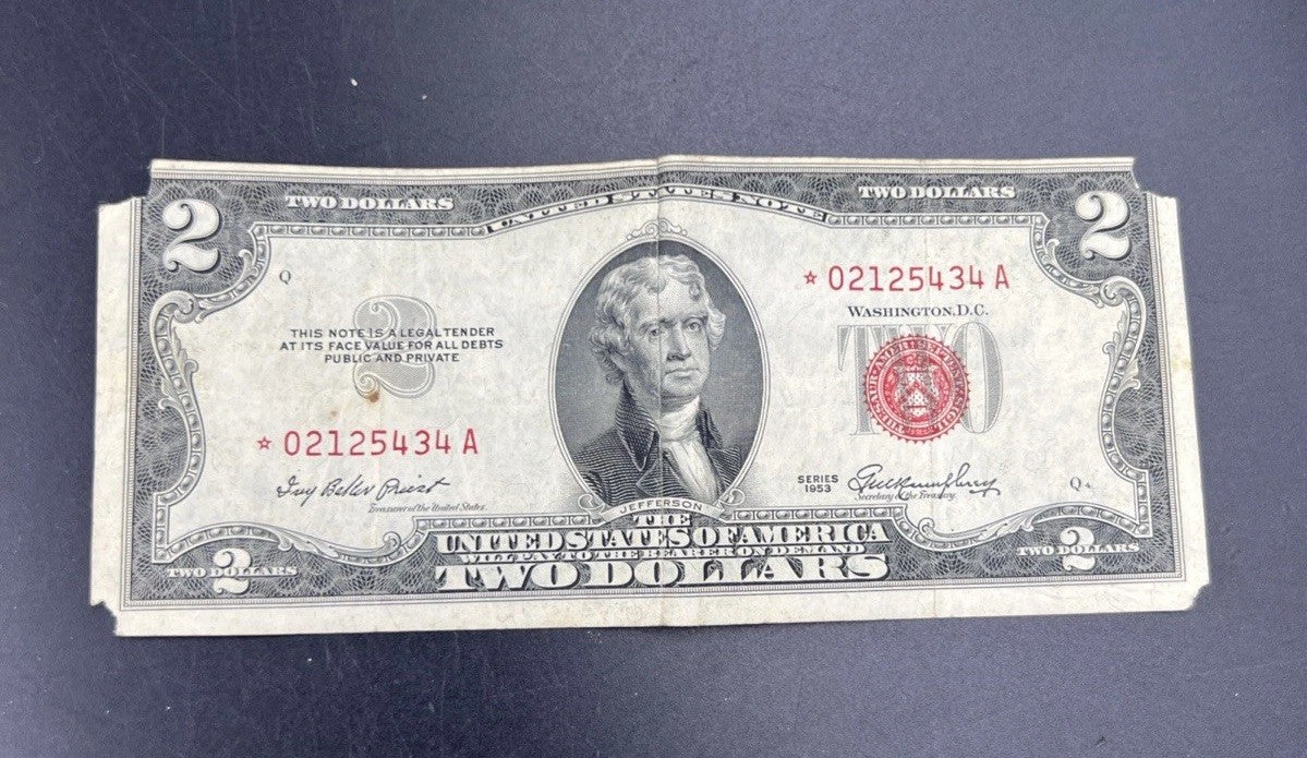 1953 * Star $2 Two Dollar United States Legal Tender Note VG Details Corner Torn