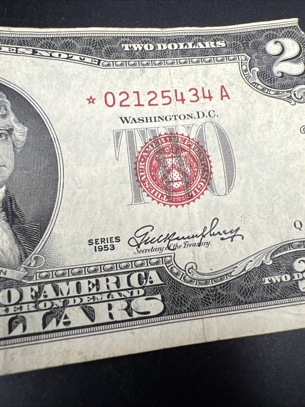 1953 * Star $2 Two Dollar United States Legal Tender Note VG Details Corner Torn
