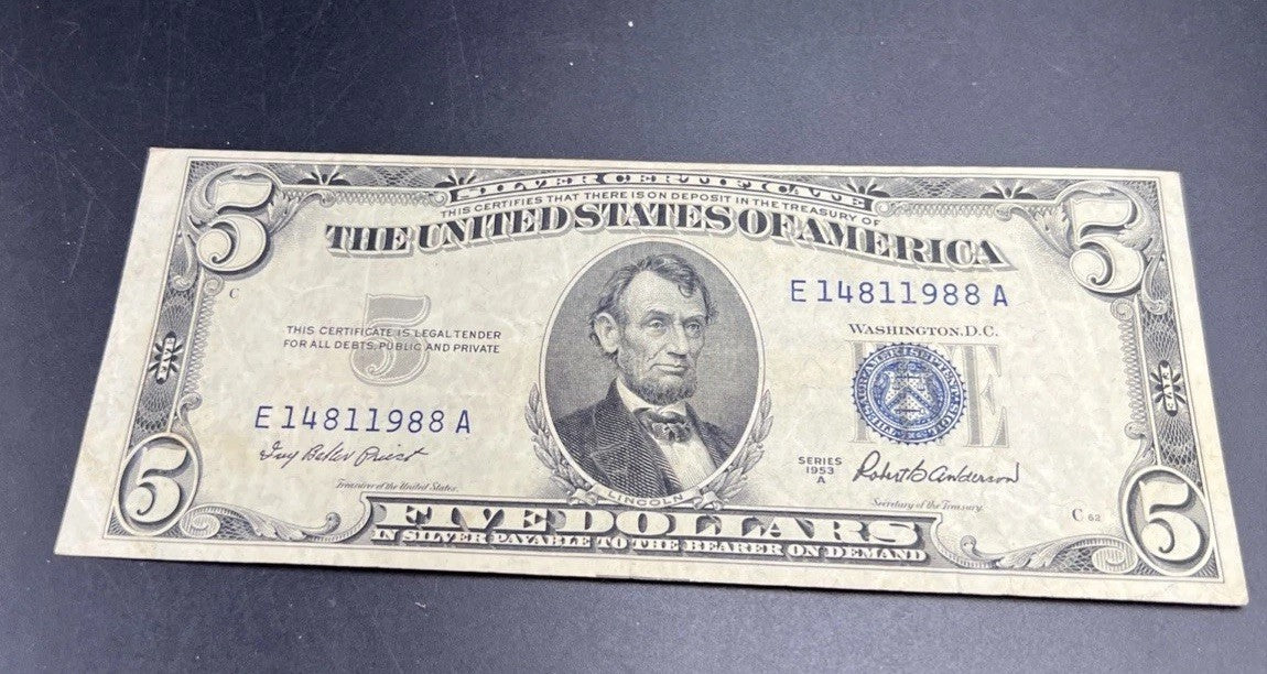 1953 A $5 Silver Certificate Note Blue Seal Bill VF Very Fine #988