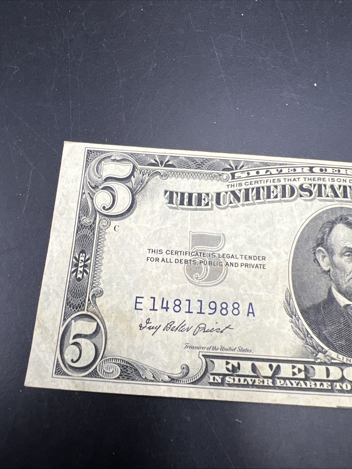 1953 A $5 Silver Certificate Note Blue Seal Bill VF Very Fine #988