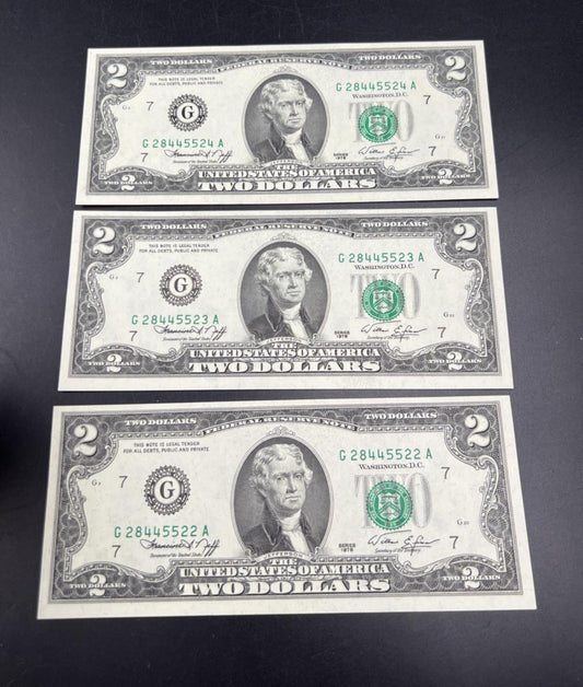 3 Consecutive 1976 $2 FRN Federal Reserve Notes Repeat Serial Numbers #22