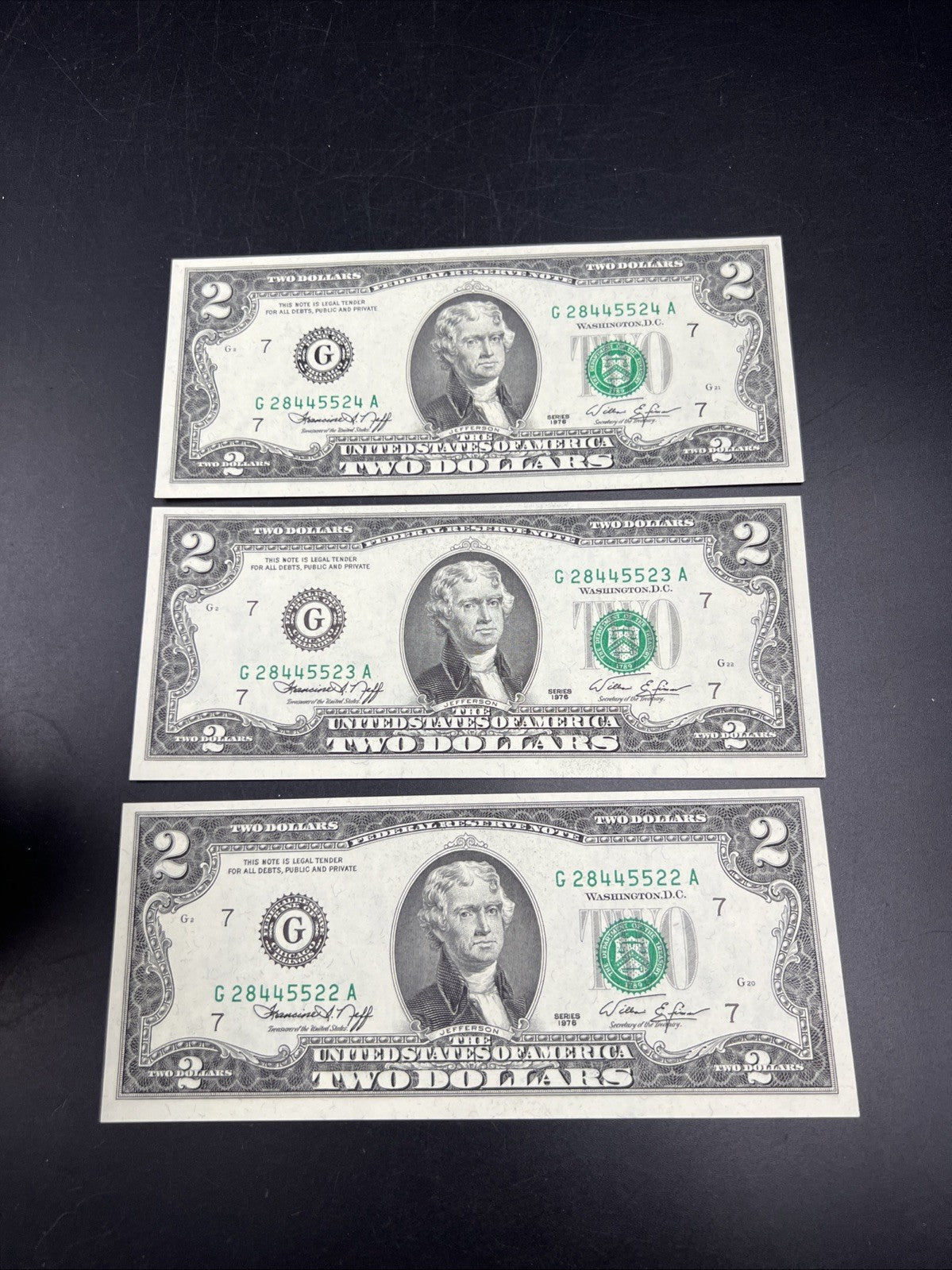 3 Consecutive 1976 $2 FRN Federal Reserve Notes Repeat Serial Numbers #22