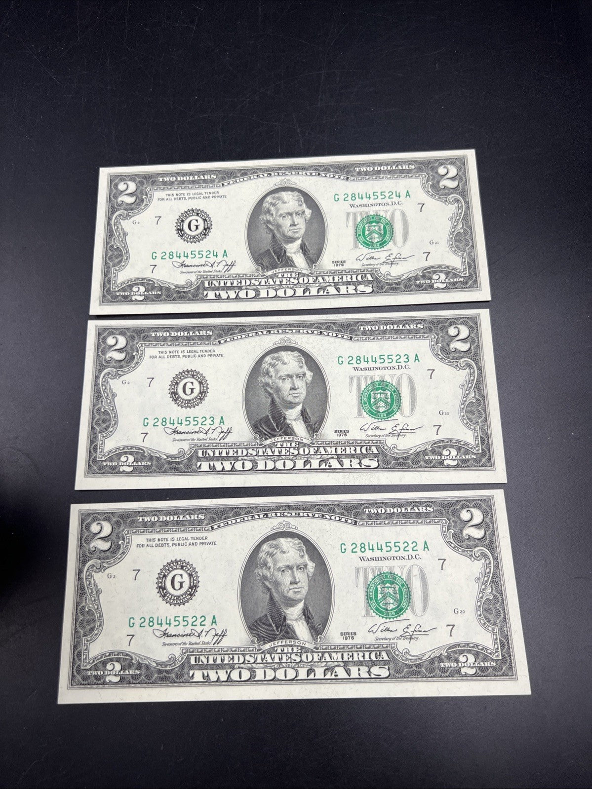3 Consecutive 1976 $2 FRN Federal Reserve Notes Repeat Serial Numbers #22