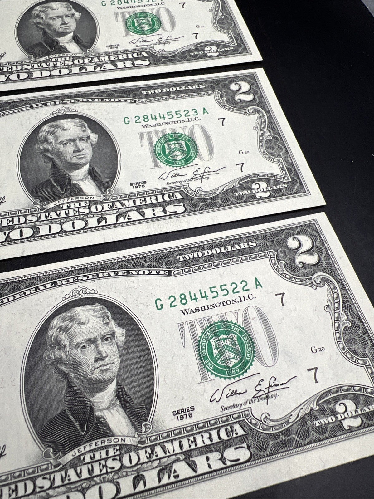 3 Consecutive 1976 $2 FRN Federal Reserve Notes Repeat Serial Numbers #22