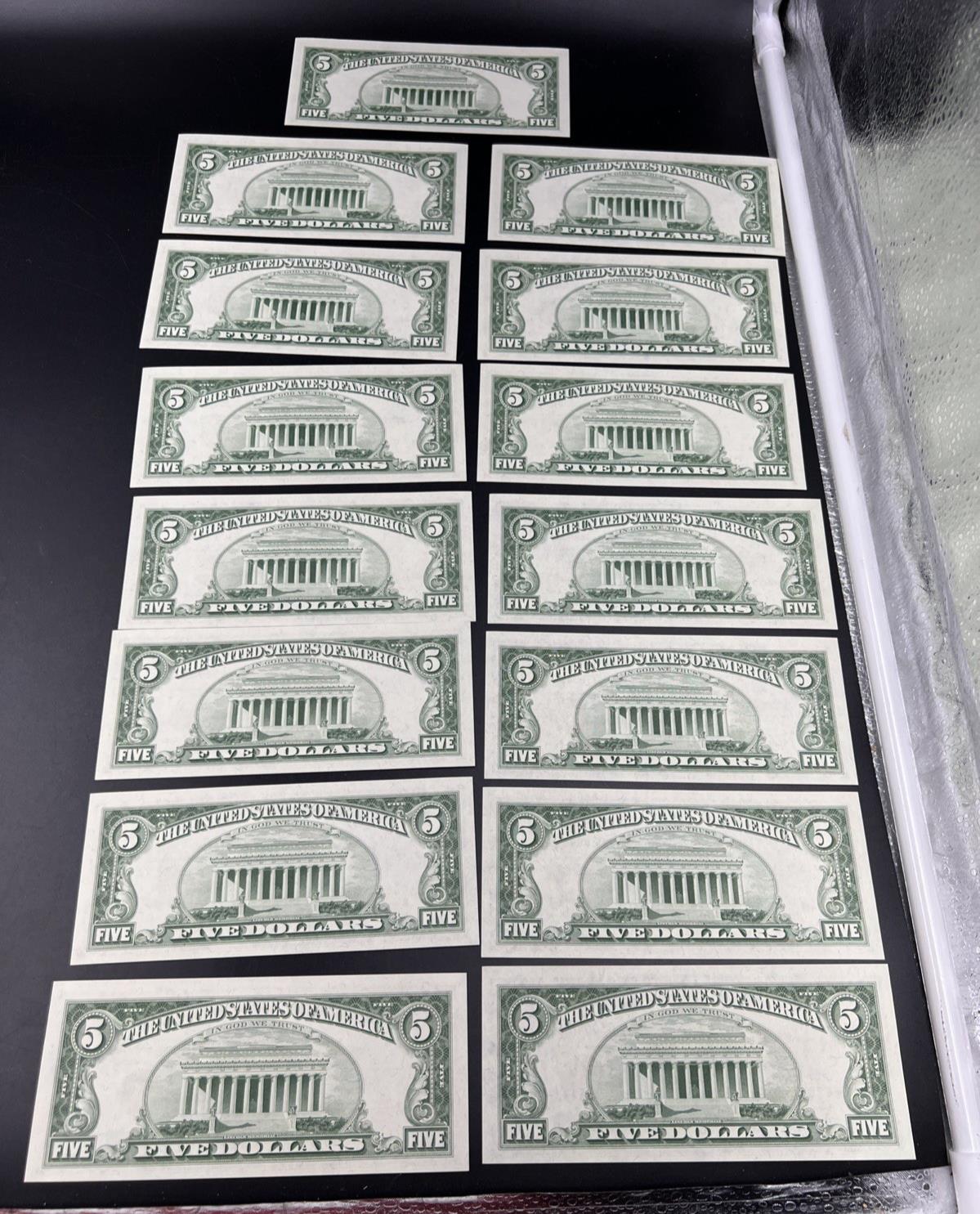 15 Consecutive * Star Note 1963 Five Dollar United States Legal Tender Bills UNC