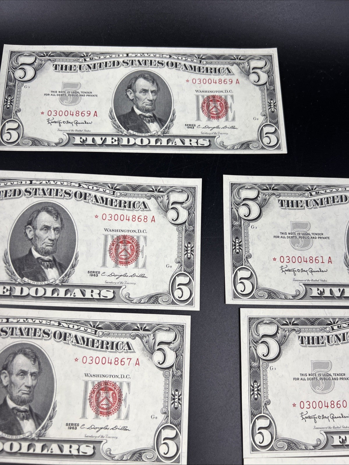 15 Consecutive * Star Note 1963 Five Dollar United States Legal Tender Bills UNC