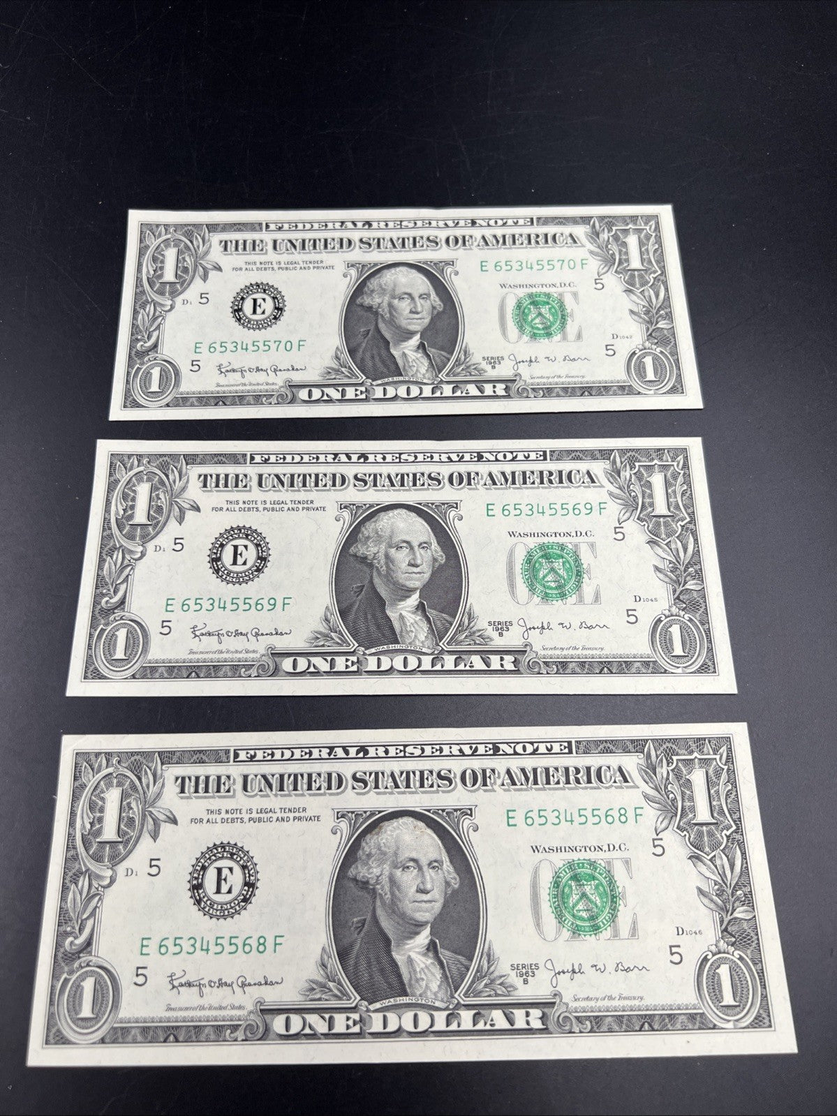 3 Consecutive 1963 B Barr $1 FRN Federal Reserve Notes UNC #68