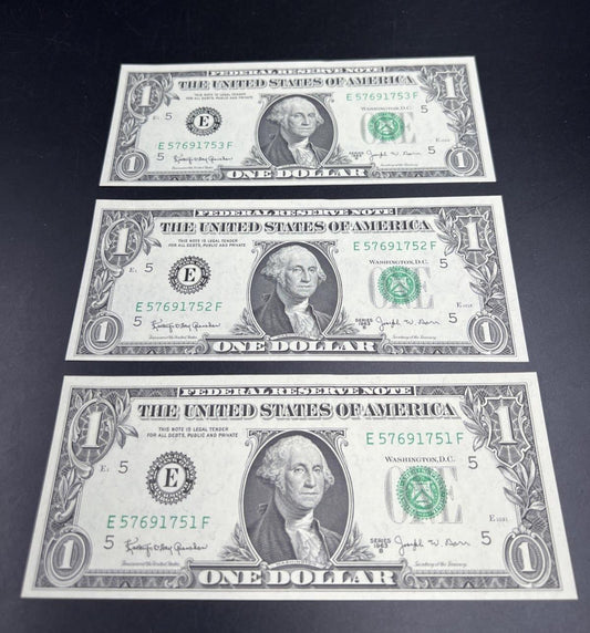3 Consecutive 1963 B Barr $1 FRN Federal Reserve Notes UNC #751