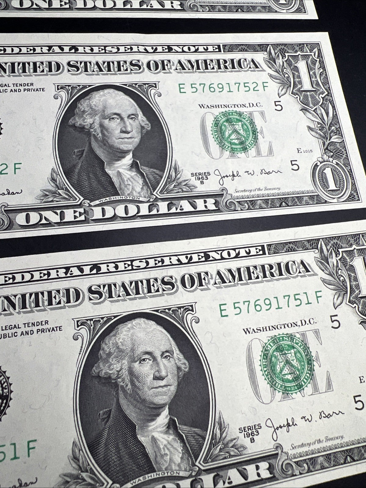 3 Consecutive 1963 B Barr $1 FRN Federal Reserve Notes UNC #751
