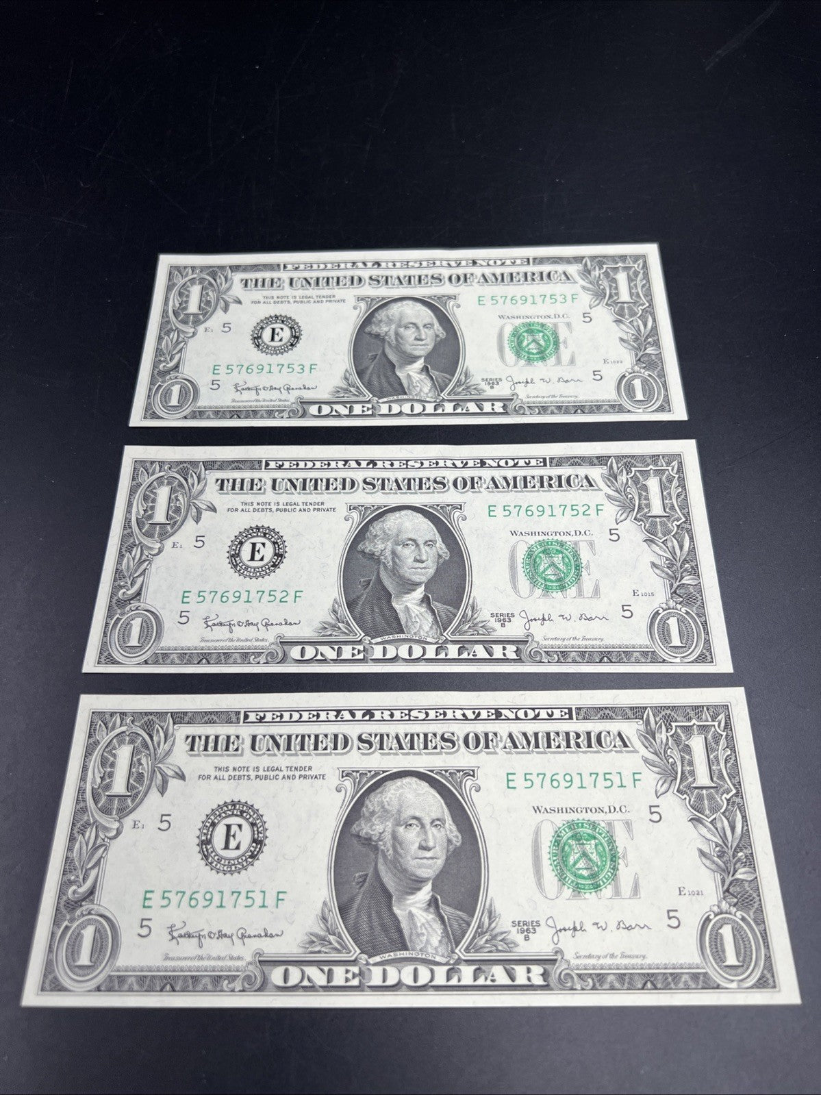 3 Consecutive 1963 B Barr $1 FRN Federal Reserve Notes UNC #751