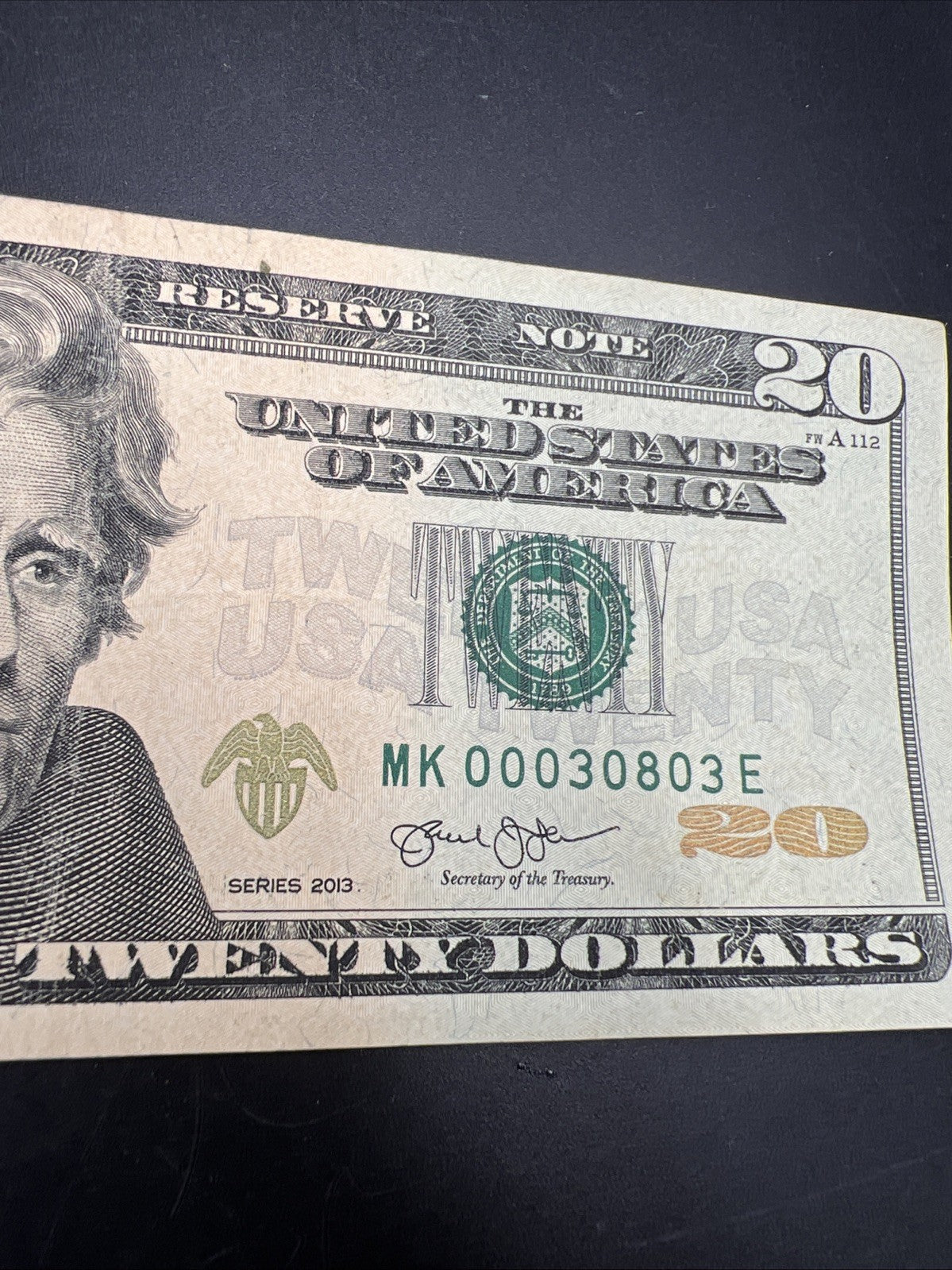 2013 $20 FRN Federal Reserve Note Circulated Neat Serial # 00030803