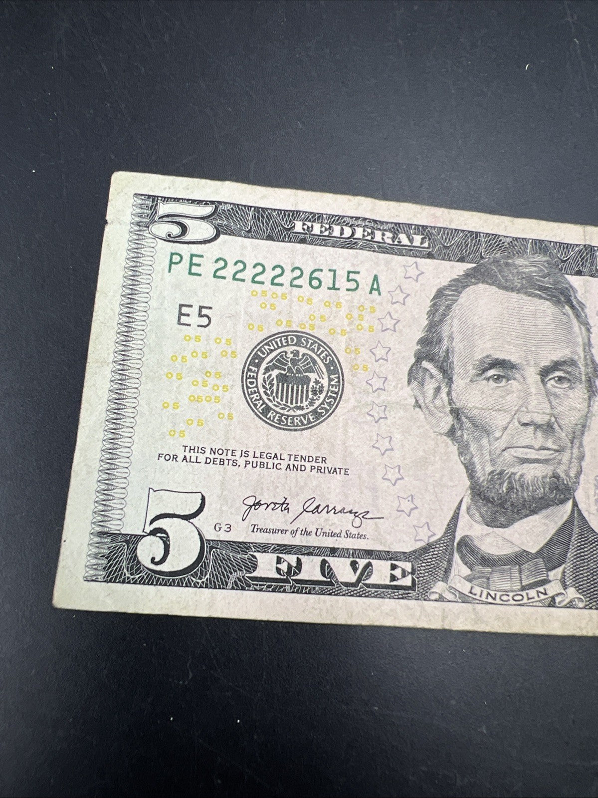 2017 A $5 FRN Federal Reserve Note Fine Circulated Neat Serial # 22222615