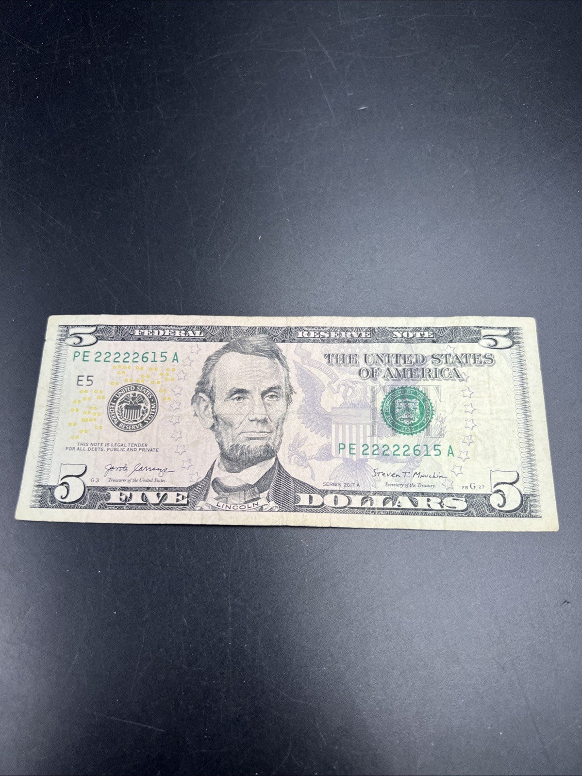 2017 A $5 FRN Federal Reserve Note Fine Circulated Neat Serial # 22222615