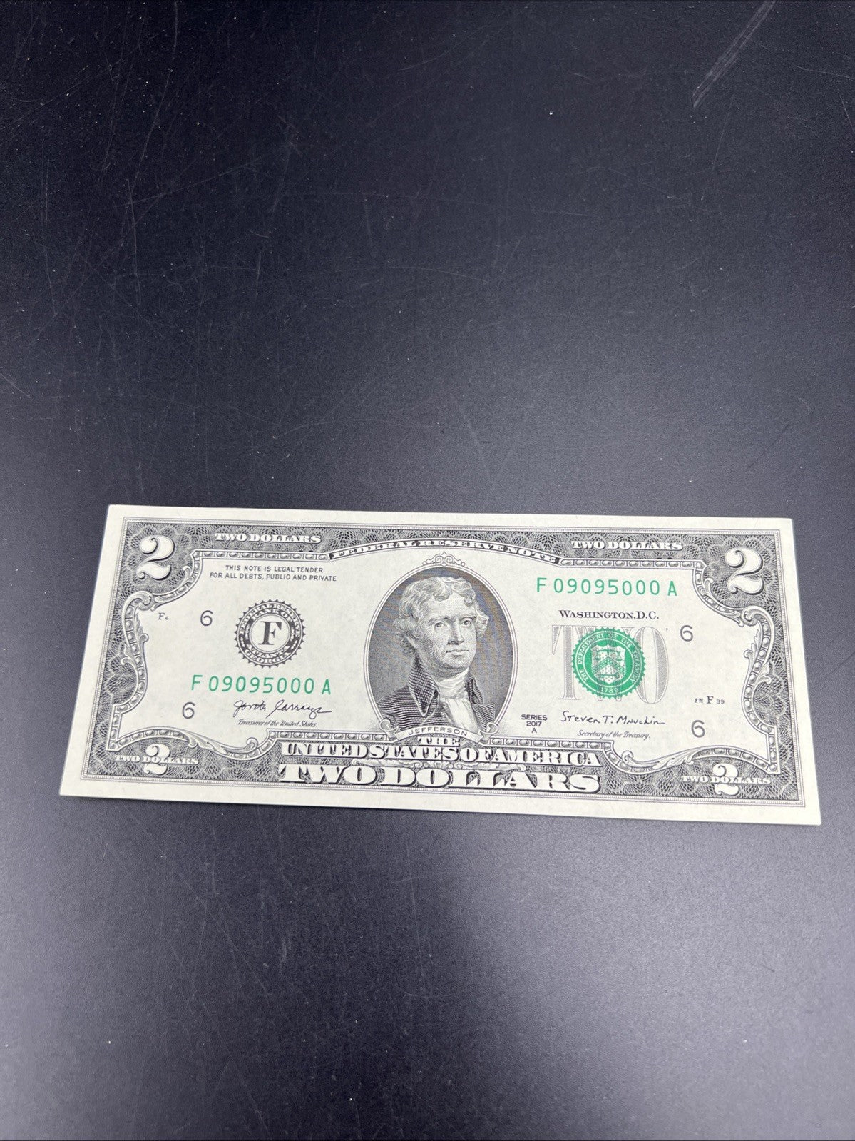 2017 A $2 FRN Federal Reserve Note CH UNC Neat Repeat Serial # 09095000