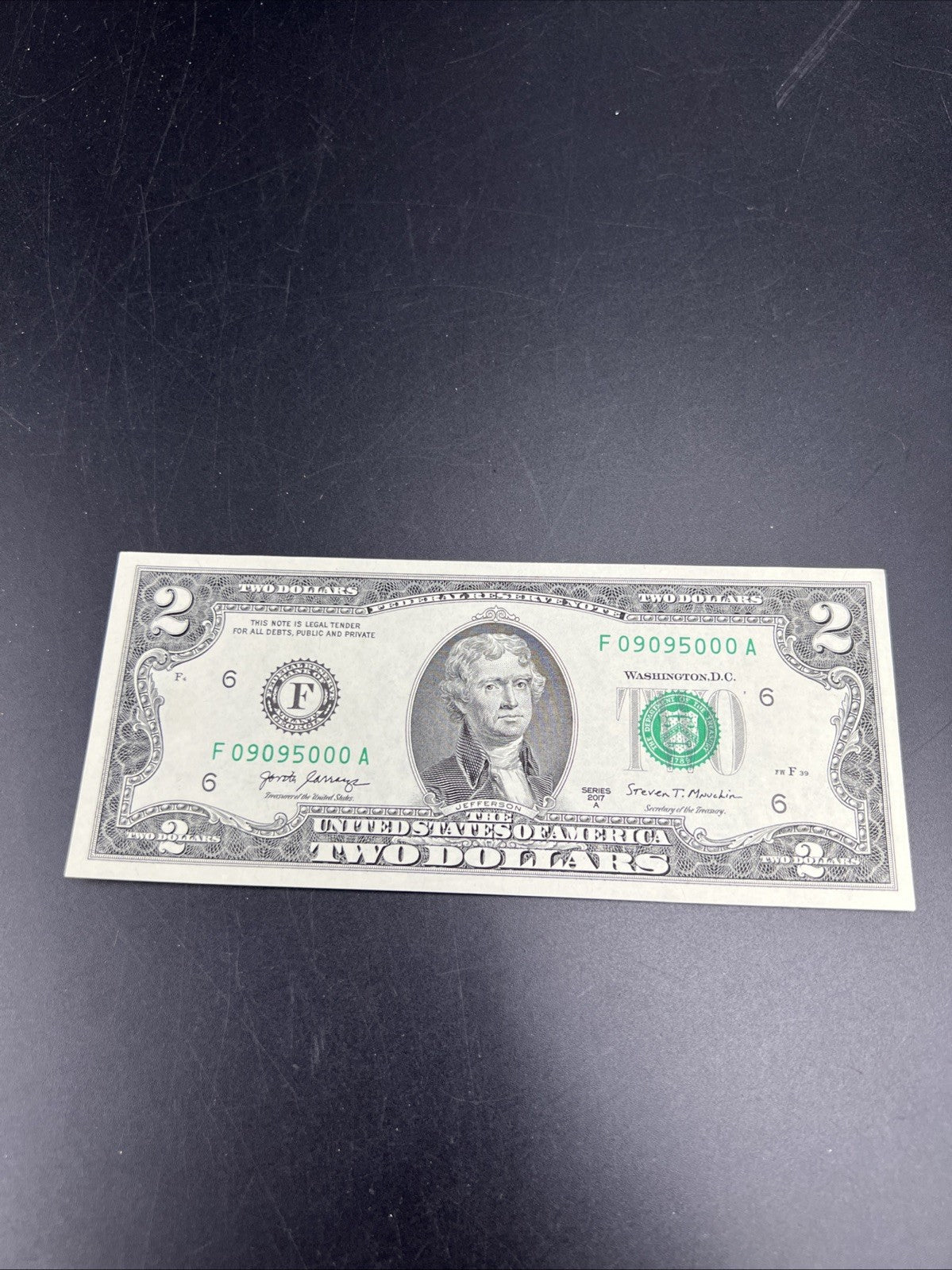 2017 A $2 FRN Federal Reserve Note CH UNC Neat Repeat Serial # 09095000