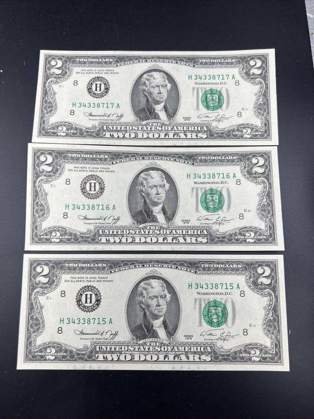 3 Consecutive 1976 $2 FRN Federal Reserve Notes District H CH UNC #15