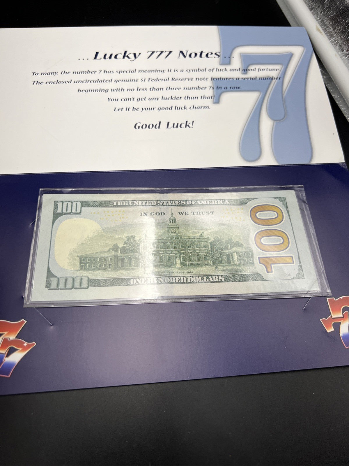 Lucky 777 Repeater 2017 A $100 FRN Federal Reserve Note XF / AU in Folder