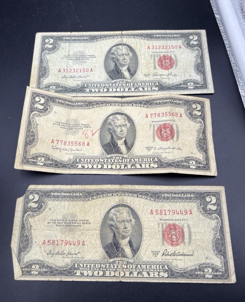 Lot of 3 1953 $2 USN Red Seal United States Notes Very Circulated #449