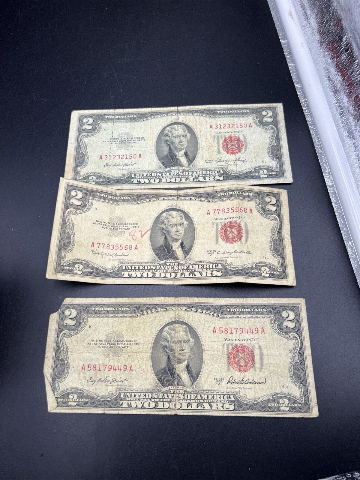 Lot of 3 1953 $2 USN Red Seal United States Notes Very Circulated #449