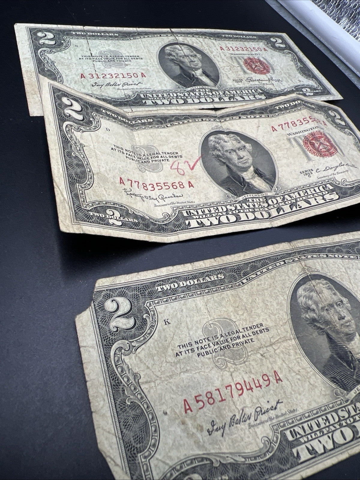 Lot of 3 1953 $2 USN Red Seal United States Notes Very Circulated #449
