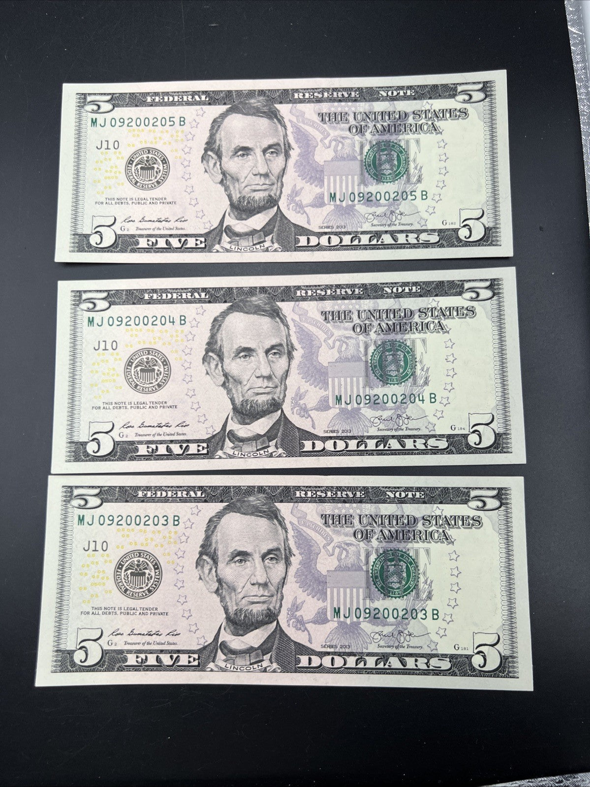 3 Consecutive 2013 $5 FRN Federal Reserve Notes Choice UNC #203