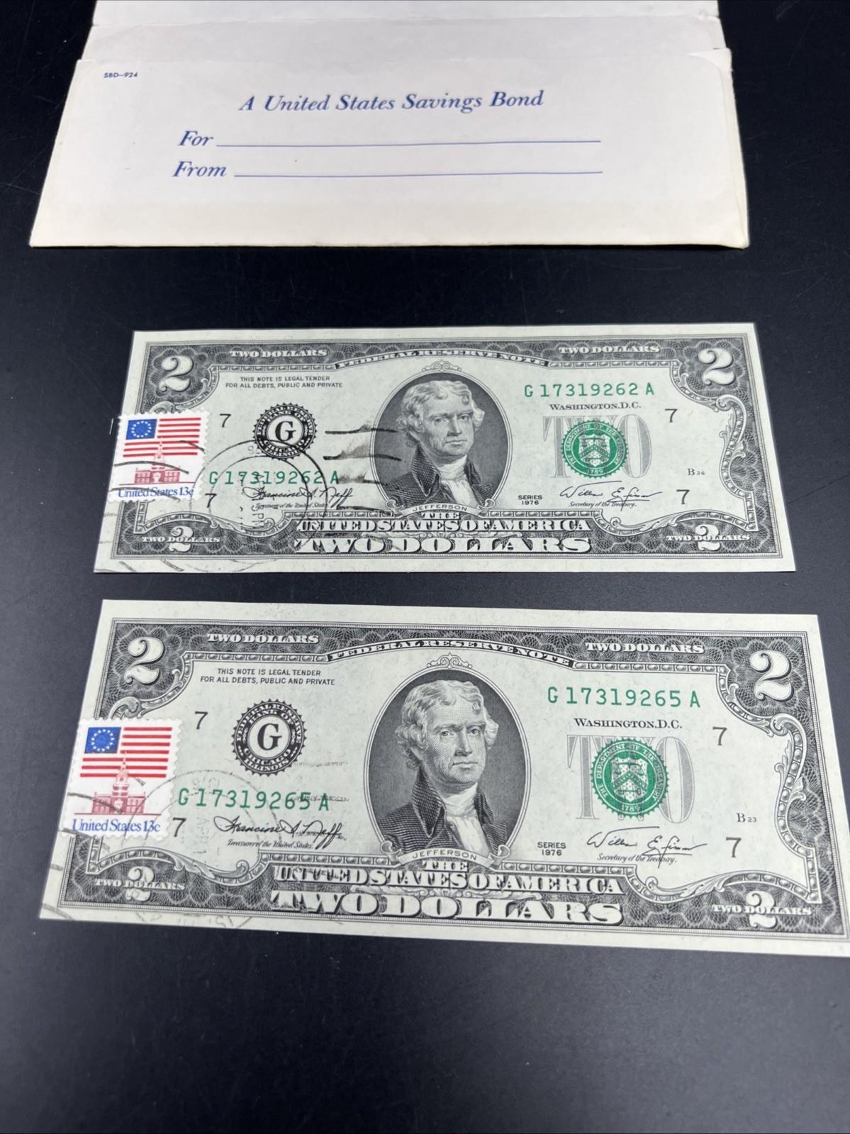 2 NoteLot Same Block Postal 1976 $2 Two Dollar Notes FRN District Chicago UNC #5