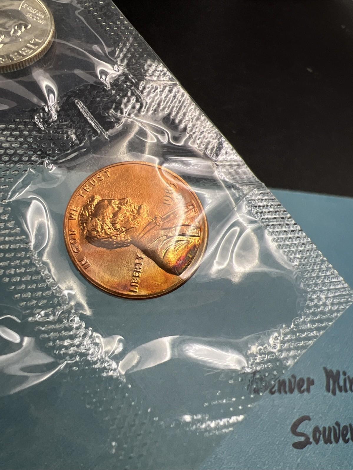 1985 D Denver Mint Souvenir Set Uncirculated Coins and Medal With Envelope