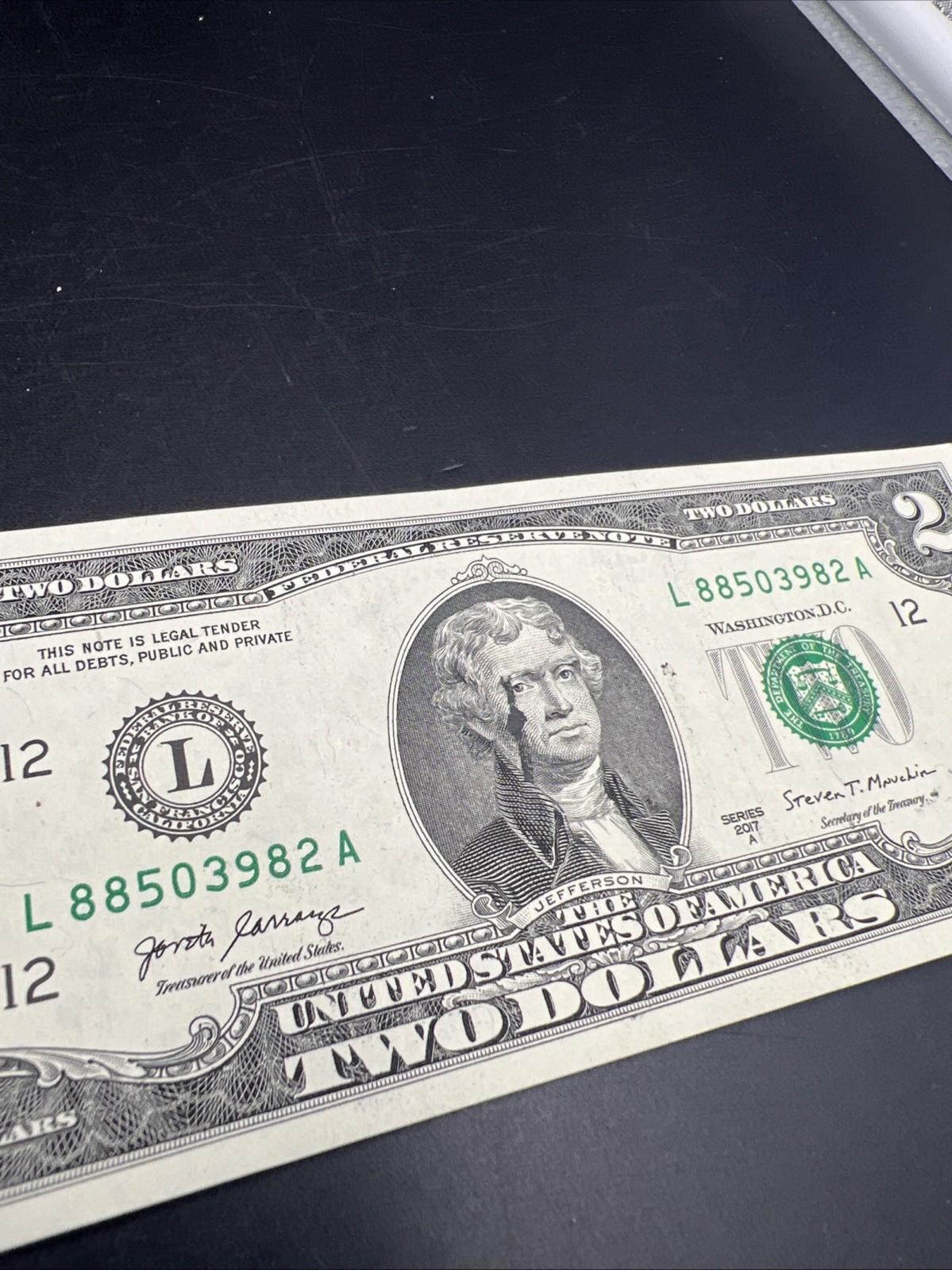 Ink Smear Error Obverse 2017 A $2 FRN Federal Reserve Note CH UNC #82