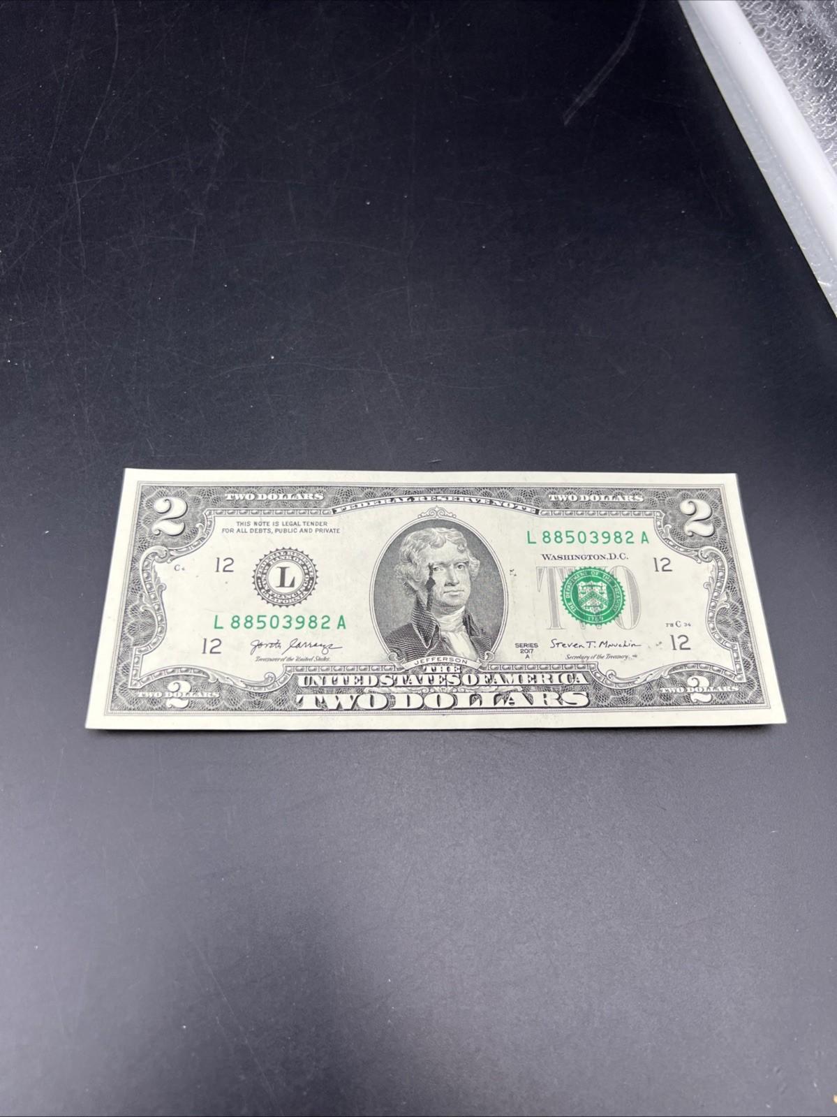 Ink Smear Error Obverse 2017 A $2 FRN Federal Reserve Note CH UNC #82