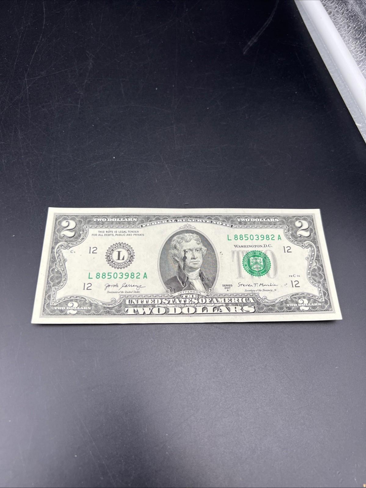Ink Smear Error Obverse 2017 A $2 FRN Federal Reserve Note CH UNC #82